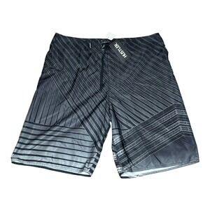 NEW Y2K Hustler Striped Board Shorts Black Grey Geometric Swim Trunks Mens 40